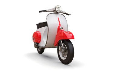 Beyaz arka planda klasik Avrupa kırmızı ve beyaz moped 'i. 3d oluşturma