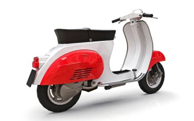 Beyaz arka planda klasik Avrupa kırmızı ve beyaz moped 'i. 3d oluşturma
