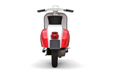 Beyaz arka planda klasik Avrupa kırmızı ve beyaz moped 'i. 3d oluşturma