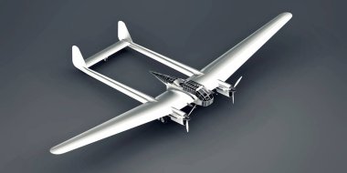 İkinci Dünya Savaşı bombardıman uçağının üç boyutlu modeli. Parlak alüminyum gövdeli, iki kuyruklu ve geniş kanatlı. Turbopervane motoru. Gri arka planda parlak bir uçak. 3d illüstrasyon