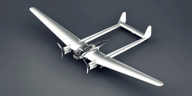 İkinci Dünya Savaşı bombardıman uçağının üç boyutlu modeli. Parlak alüminyum gövdeli, iki kuyruklu ve geniş kanatlı. Turbopervane motoru. Gri arka planda parlak bir uçak. 3d illüstrasyon