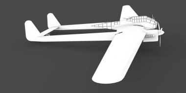 İkinci Dünya Savaşı bombardıman uçağının üç boyutlu modeli. İki kuyruklu ve geniş kanatlı bir vücut. Turbopervane motoru. Gri arka planda uçak çizilmiş. 3d illüstrasyon