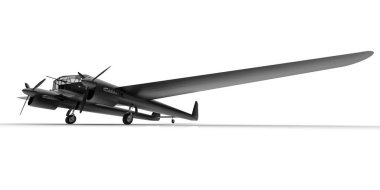 İkinci Dünya Savaşı bombardıman uçağının üç boyutlu modeli. Parlak alüminyum gövdeli, iki kuyruklu ve geniş kanatlı. Turbopervane motoru. Beyaz arka planda parlak siyah bir uçak. 3d illüstrasyon