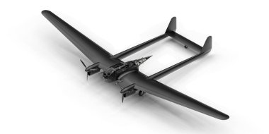 İkinci Dünya Savaşı bombardıman uçağının üç boyutlu modeli. Parlak alüminyum gövdeli, iki kuyruklu ve geniş kanatlı. Turbopervane motoru. Beyaz arka planda parlak siyah bir uçak. 3d illüstrasyon