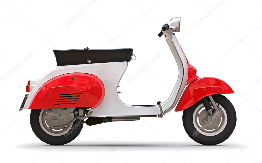 Vintage european red and white moped on a white background. 3d rendering