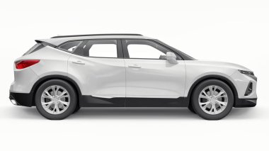 Beyaz izole edilmiş arka planda yaşayan genç insanlar ve aileler için akılda kalıcı bir tasarımı olan ultra modern bir SUV. Parlak farlar. 3d illüstrasyon