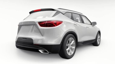 Beyaz izole edilmiş arka planda yaşayan genç insanlar ve aileler için akılda kalıcı bir tasarımı olan ultra modern bir SUV. Parlak farlar. 3d illüstrasyon