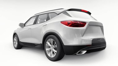 Beyaz izole edilmiş arka planda yaşayan genç insanlar ve aileler için akılda kalıcı bir tasarımı olan ultra modern bir SUV. Parlak farlar. 3d illüstrasyon