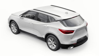 Beyaz izole edilmiş arka planda yaşayan genç insanlar ve aileler için akılda kalıcı bir tasarımı olan ultra modern bir SUV. Parlak farlar. 3d illüstrasyon