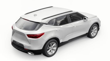 Beyaz izole edilmiş arka planda yaşayan genç insanlar ve aileler için akılda kalıcı bir tasarımı olan ultra modern bir SUV. Parlak farlar. 3d illüstrasyon