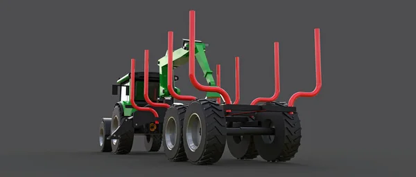 Green tractor with a trailer for logging on a gray background. 3d rendering