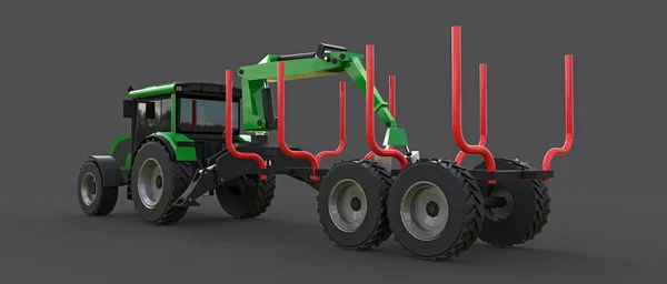 Zöld Traktor Pótkocsival Szürke Hátterű Fakitermeléshez Renderelés — Stock Fotó