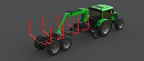 Grön Traktor Med Släpvagn För Loggning Grå Bakgrund Konvertering — Stockfoto