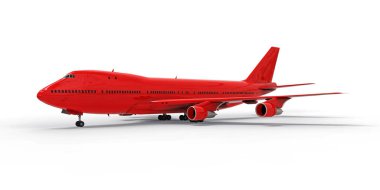 Uzun okyanus ötesi uçuşlar için büyük kapasiteli yolcu uçakları. Beyaz arka planda kırmızı uçak. 3d illüstrasyon