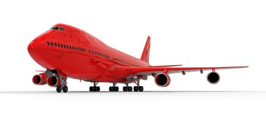 Uzun okyanus ötesi uçuşlar için büyük kapasiteli yolcu uçakları. Beyaz arka planda kırmızı uçak. 3d illüstrasyon