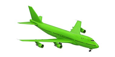 Beyaz izole edilmiş arka planda yeşil uçak. Uzun okyanus ötesi uçuşlar için büyük kapasiteli yolcu uçakları. 3d illüstrasyon