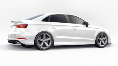 Beyaz arka planda süper hızlı spor araba beyaz renk. Vücut biçimli sedan. Akort sıradan bir aile arabasının bir versiyonu. 3d oluşturma