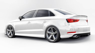 Beyaz arka planda süper hızlı spor araba beyaz renk. Vücut biçimli sedan. Akort sıradan bir aile arabasının bir versiyonu. 3d oluşturma