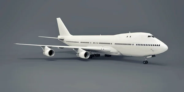 長い大西洋横断飛行のための大容量の大型旅客機 灰色の隔離された背景に白い飛行機 3Dイラスト — ストック写真