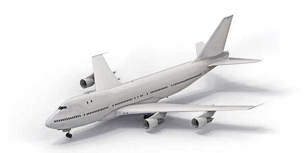 Большие пассажирские самолеты большой вместимости для длительных трансатлантических полетов. Белый самолет на белом изолированном фоне. 3d иллюстрация