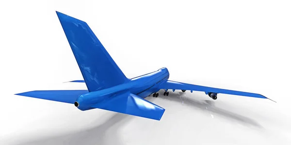 長い大西洋横断飛行のための大容量の大型旅客機 白い隔離された背景に青い飛行機 3Dイラスト — ストック写真