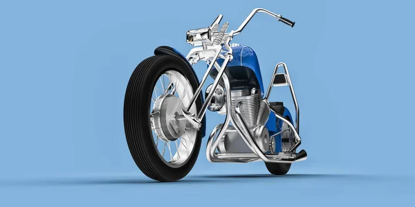 Blaue Klassische Custom Motorrad Isoliert Auf Hellblauem Hintergrund Rendering — Stockfoto