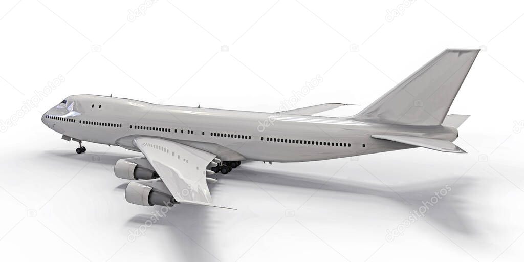 Large passenger aircraft of large capacity for long transatlantic flights. White airplane on white isolated background. 3d illustration