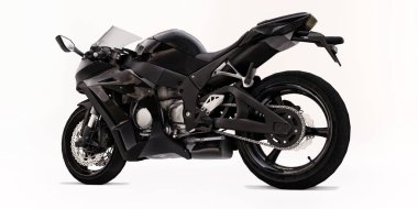 Beyaz izole edilmiş arka planda 3D siyah süper spor motosiklet. 3d illüstrasyon