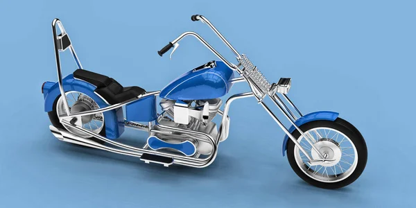Motocicleta Personalizada Clássica Azul Isolada Fundo Azul Claro Renderização — Fotografia de Stock
