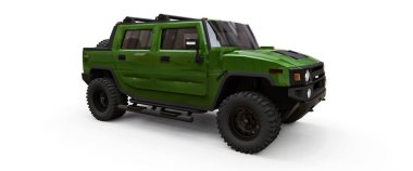 Kırsal bölgeler için büyük yeşil bir kamyonet ya da beyaz izole edilmiş arka planda keşif gezileri. 3d illüstrasyon