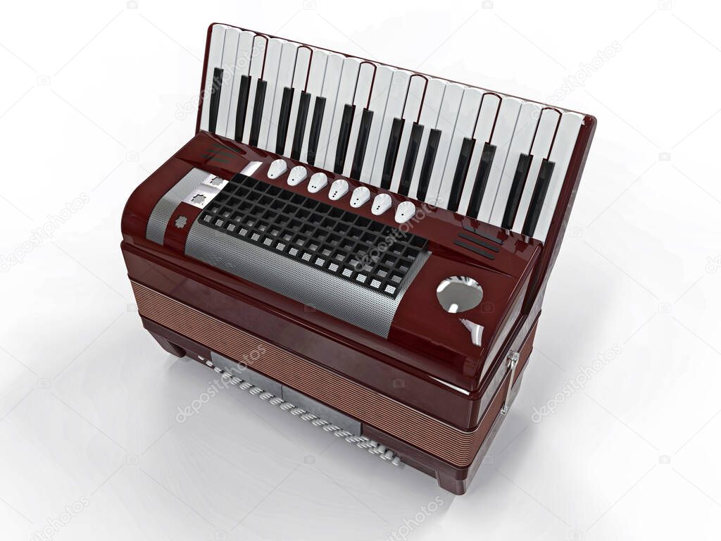 Burgundy accordion on a white isolated background. 3d illustration