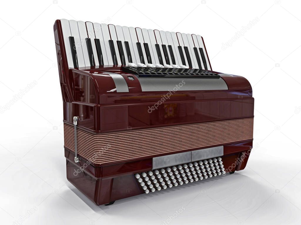 Burgundy accordion on a white isolated background. 3d illustration