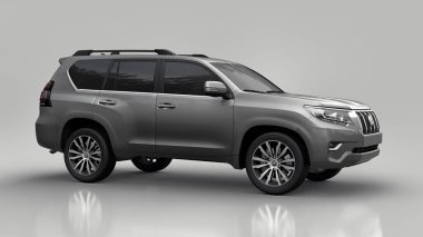 Tula, Rusya. 12 Temmuz 2021: Toyota Land Cruiser Prado 2018 gri arazi aracı gri arka planda izole edildi. 3d oluşturma