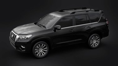 Tula, Rusya. 10 Temmuz 2021: Toyota Land Cruiser Prado 2018 siyah arazi aracı siyah arka planda izole edildi. 3d oluşturma