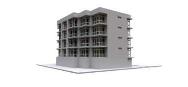 Şeffaf gözlüklü beyaz renkli apartman modeli. Apartman dairesi. 3d oluşturma