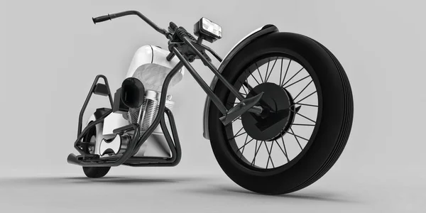 ライトグレーの背景に隔離された白と黒の古典的なカスタムバイク 3Dレンダリング — ストック写真