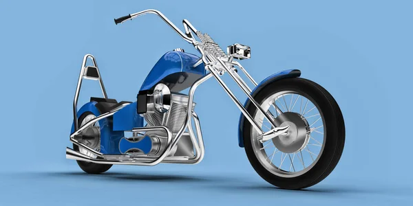 Blaue Klassische Custom Motorrad Isoliert Auf Hellblauem Hintergrund Rendering — Stockfoto