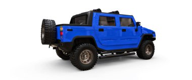 Kırsal bölgeler için büyük mavi bir kamyonet ya da beyaz izole edilmiş arka planda keşif gezileri. 3d illüstrasyon