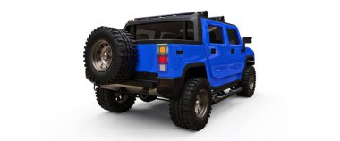 Kırsal bölgeler için büyük mavi bir kamyonet ya da beyaz izole edilmiş arka planda keşif gezileri. 3d illüstrasyon