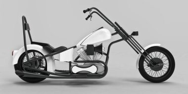 Açık gri arka planda izole edilmiş beyaz ve siyah klasik motosiklet. 3d rendring
