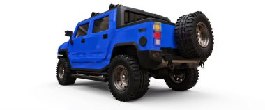 Kırsal bölgeler için büyük mavi bir kamyonet ya da beyaz izole edilmiş arka planda keşif gezileri. 3d illüstrasyon