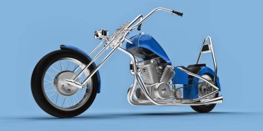 Açık mavi arka planda izole edilmiş mavi klasik motosiklet. 3d rendring