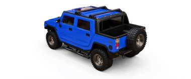 Kırsal bölgeler için büyük mavi bir kamyonet ya da beyaz izole edilmiş arka planda keşif gezileri. 3d illüstrasyon