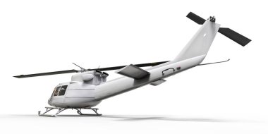 Beyaz izole edilmiş arka planda küçük bir askeri nakliye helikopteri. Helikopter kurtarma servisi. Hava taksisi. Polis, itfaiye, ambulans ve kurtarma ekipleri için helikopter. 3d illüstrasyon