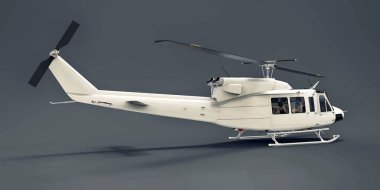 Gri izole edilmiş arka planda beyaz küçük askeri nakliye helikopteri. Helikopter kurtarma servisi. Hava taksisi. Polis, itfaiye, ambulans ve kurtarma ekipleri için helikopter. 3d illüstrasyon