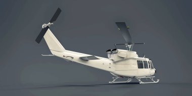 Gri izole edilmiş arka planda beyaz küçük askeri nakliye helikopteri. Helikopter kurtarma servisi. Hava taksisi. Polis, itfaiye, ambulans ve kurtarma ekipleri için helikopter. 3d illüstrasyon