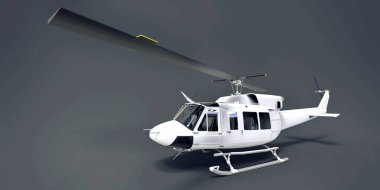 Gri izole edilmiş arka planda beyaz küçük askeri nakliye helikopteri. Helikopter kurtarma servisi. Hava taksisi. Polis, itfaiye, ambulans ve kurtarma ekipleri için helikopter. 3d illüstrasyon
