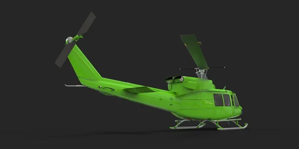Green small military transport helicopter on black isolated background. The helicopter rescue service. Air taxi. Helicopter for police, fire, ambulance and rescue service. 3d illustration