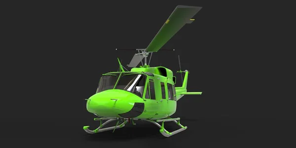 Green small military transport helicopter on black isolated background. The helicopter rescue service. Air taxi. Helicopter for police, fire, ambulance and rescue service. 3d illustration