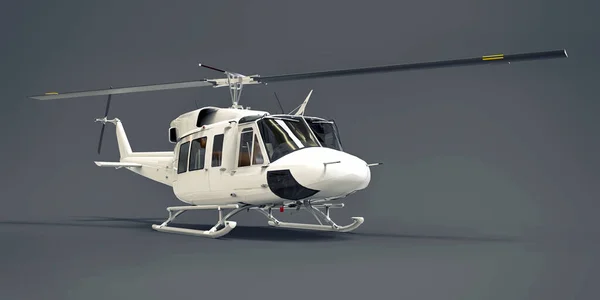 White small military transport helicopter on gray isolated background. The helicopter rescue service. Air taxi. Helicopter for police, fire, ambulance and rescue service. 3d illustration